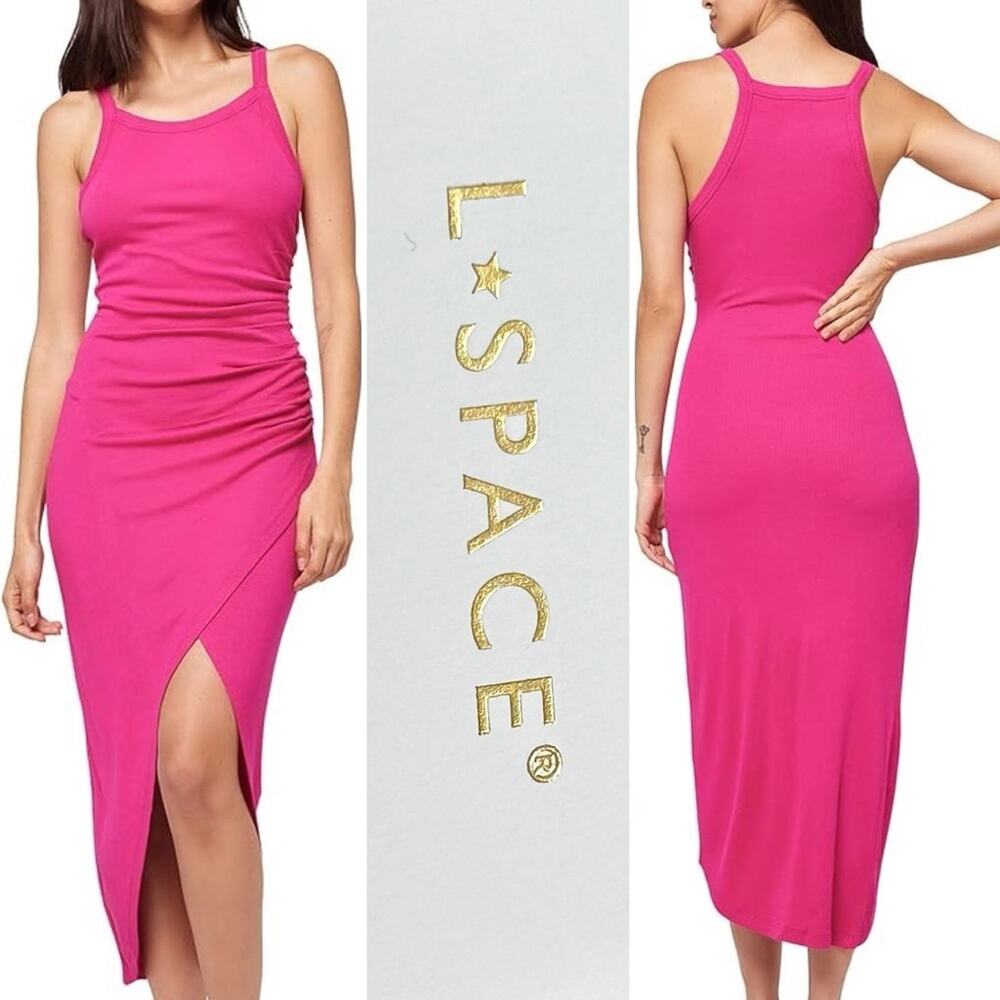 LSpace Bardot Ruched Tulip Hem Cover Up Midi Dress Pink Womens Size Medium NWT